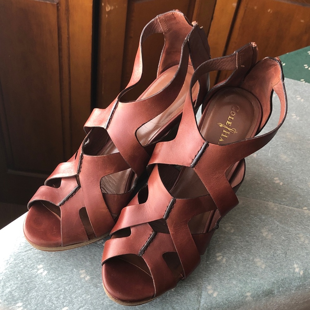 Cole Haan Brown Leather Cutout Strappy Wedge Sandals size 10